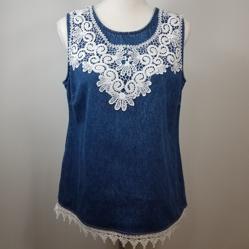 Vintage Studio Ease Denim Tank Sleeveless Top white Lace Detail cottagecore sz 8